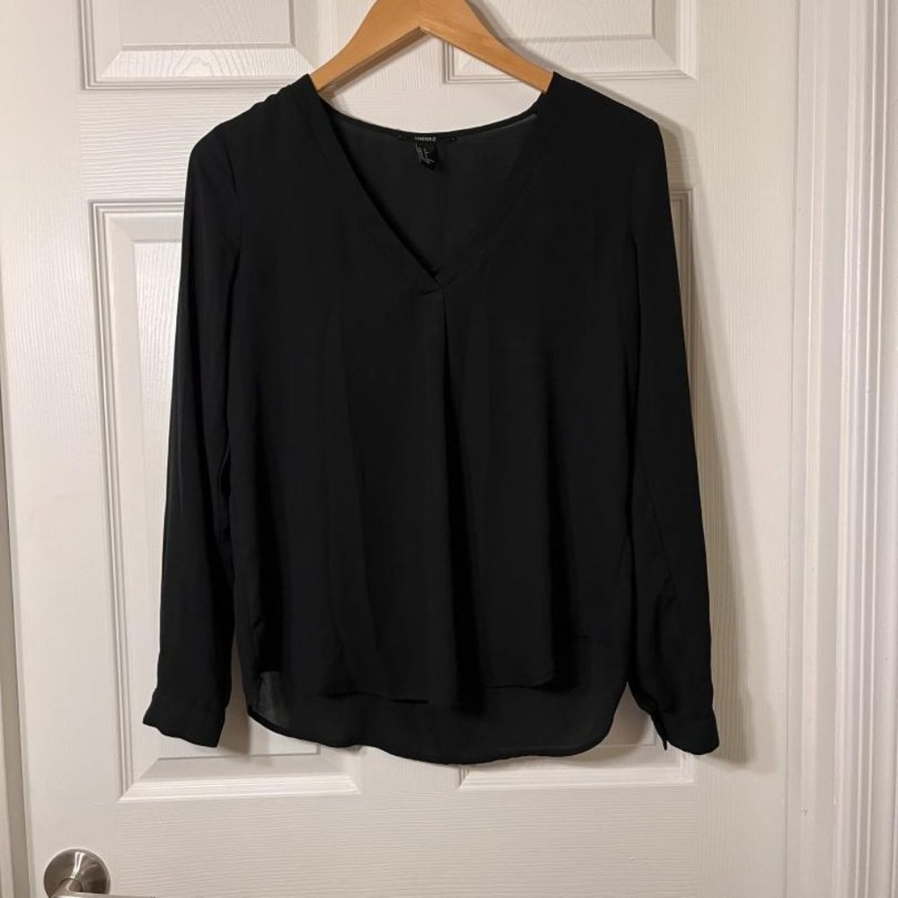 Forever 21 Women’s Small Blouse Long Sleeves Black Semi Sheer Silky